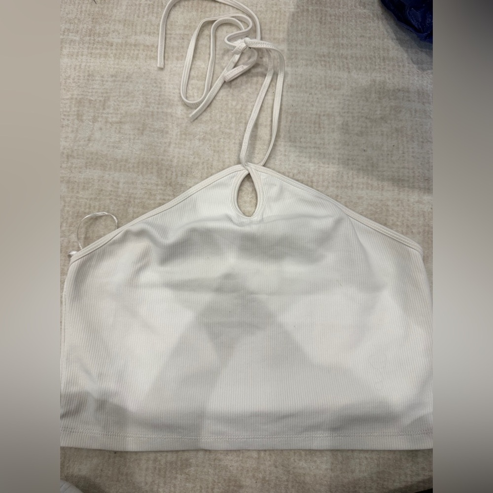 Zara Off-White Ribbed Halter Crop Top
